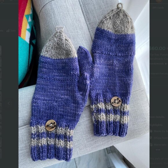 Flip-Top Purple Sock Mitts Wool Knit Mittens Handmade Convertible Half Mitts - Picture 4 of 10